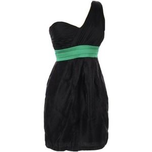 Max And Cleo Dress Mini Black LBD One Shoulder Green Waist Sweetheart Ruched 6